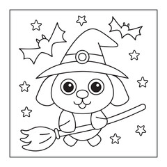 Cute cartoon puppy witch flying on a broomstick with bats and stars outline illustration animal