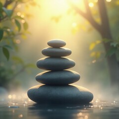 Stacked zen stones in natural light outdoors symbolizing peace and mindfulness