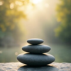 Stacked zen stones outdoors in natural sunlight symbolizing peace and mindfulness