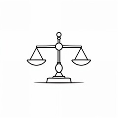 Minimal line art scales of justice on white background symbolizing law and equality with copy space