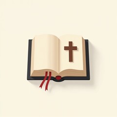 Open Holy Bible with wooden cross on beige background symbolizing Christianity and faith with copy space