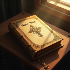  Antique Holy Bible with ornate cover in warm sunlight symbolizing faith and heritage