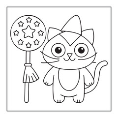 Whimsical cartoon cat wearing a party hat holding a star lollipop kitten cute