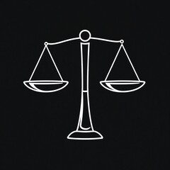 Minimal line art scales of justice on black background symbolizing law and equality with copy space