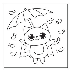 Whimsical cartoon cat with umbrella and falling leaves coloring page cute