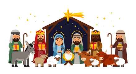 Christmas Nativity Scene with Shepherds, Kings, and Animals