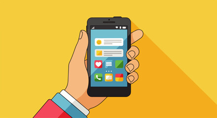 Hand Holding Smartphone with App Icons and Notifications