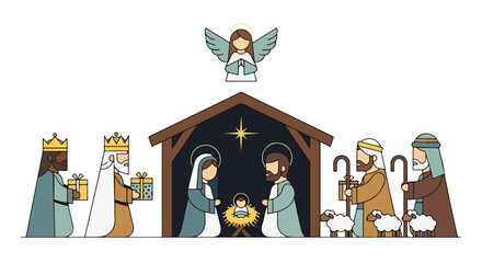 Colorful Nativity Scene with Three Kings, Shepherds, and Angel