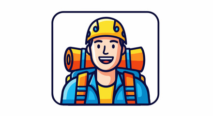 Smiling Cartoon Hiker with Backpack and Helmet