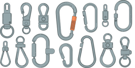 CAD drawing flat vector illustration, assorted metal clip and carabiner collection, screw lock and spring gate styles, gear hardware technical sketch