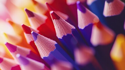A detailed macro shot of colorful pencils arranged in a circular pattern with their sharpened tips pointing inward. The pencils display a spectrum of colors from red to violet.