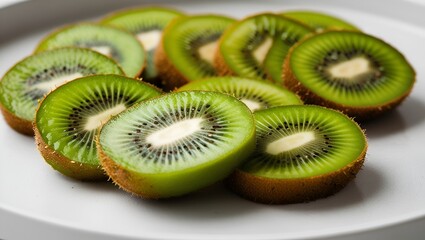 High-detail kiwi slice illustration, emphasizing the lush green tones, radiating seed arrangement, and fresh, moist fruit surface