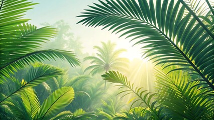 Fototapeta premium A vibrant tropical background featuring large green palm leaves with bright, warm sunlight beaming through a hazy jungle canopy.