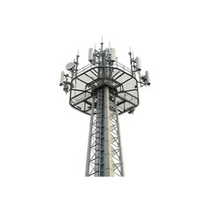 An industrial mobile phone communication tower with a cellular antenna against a blue sky