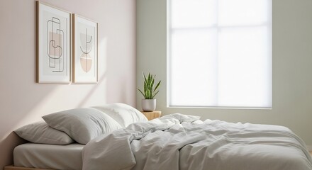 Minimalist Sanctuary: Unmade Bed with Abstract Art and Soft Natural Light