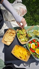 Colorful picnic meal with guacamole, crackers, nachos and fresh salad on a sunny day. Concept of healthy outdoor eating, freshness and summer leisure
