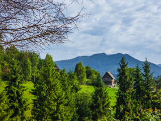 A stunning view of a lush mountain range under a bright blue sky with rolling clouds, perfect for...