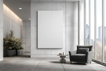 Modern office space featuring a blank poster wall with natural light from large windows and contemporary furniture, creating a minimalistic and inviting atmosphere for creativity