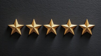 High-quality photo of gold five star rating isolated on dark background symbolizing quality, review score, feedback, or premium approval.