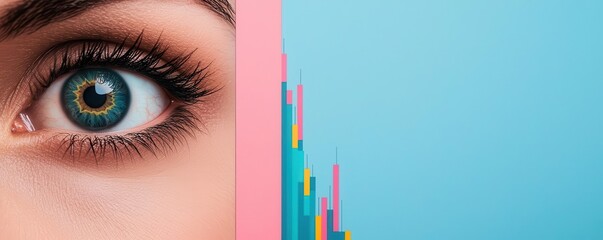 A close-up of a human eye next to colorful abstract bar graphs on a blue and pink background.
