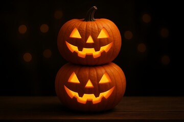 Fototapeta premium Two stacked jack o lanterns glowing in the dark are perfect for an autumn halloween celebration