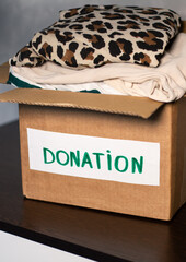 Woman folding clothes and placing them into donation box. Concept of charity and wardrobe...