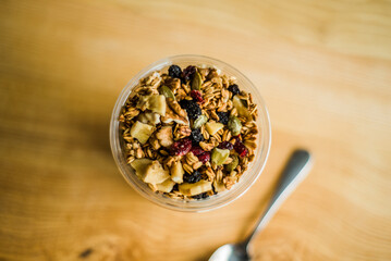 Healthy breakfast with yogurt, granola and chia seeds.