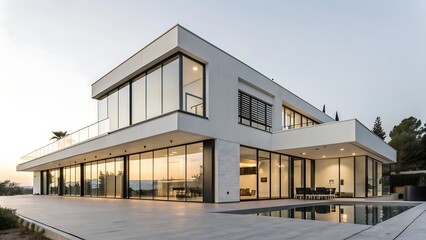 Fototapeta premium A modern luxury residence showcasing minimalist architecture with sharp lines, illuminated glass walls, and a poolside patio at twilight.