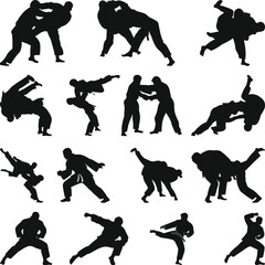 Judo set silhouette Vector, judoka svg, Martial Arts, Judo Athlete Silhouettes, Black and white Background Illustration