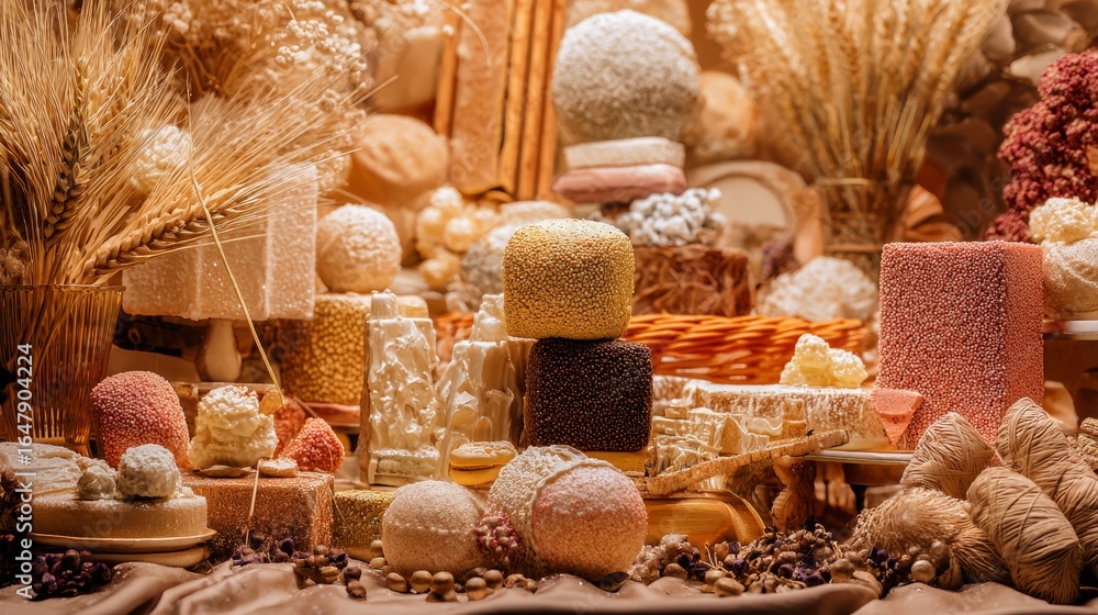 Poster bakery display with assorted pastries and bread in warm lighting