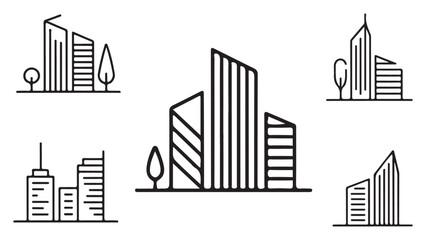 Obraz premium Collection of five black line art icons depicting various city buildings and trees skyscraper