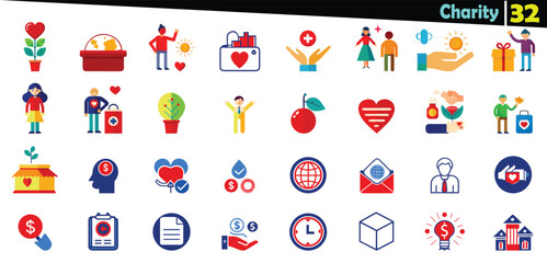 Fototapeta premium Collection of flat vector icons representing charity and donation concepts in red blue and yellow