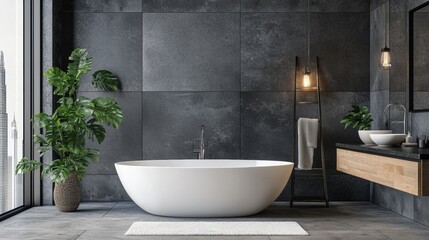 Modern bathroom with white bathtub and wooden vanity furniture