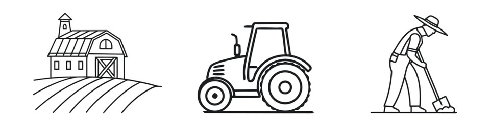 Farm barn tractor and farmer with shovel line art icons vector