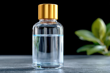 Clear glass cosmetic bottle with gold cap containing blue liquid stands on gray table