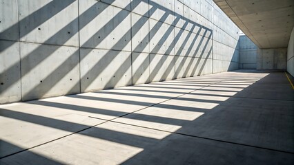 Minimalist concrete architecture with long, sharp shadows cast by bright sunlight on the pavement and walls, creating a geometric pattern.