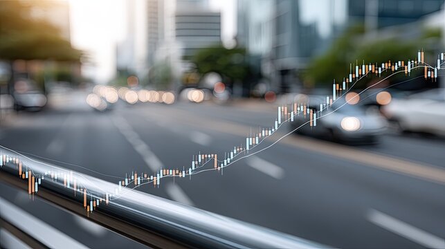 Graphs illustrating financial trends overlay a busy urban road as evening approaches, highlighting economic movement and vitality - Powered by Adobe