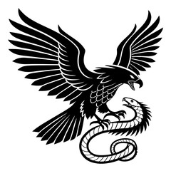 Obraz premium A bold black eagle and snake silhouette with wings fully spread in a symmetrical pose, sharp feathers, strong talons extended, and a fierce expression. Minimalist vector style, high contrast, clean li