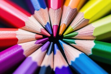 Naklejka premium A detailed macro shot of colorful pencils arranged in a circular pattern with their sharpened tips pointing inward. The pencils display a spectrum of colors from red to violet.
