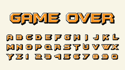 Pixelated orange and black alphabet numbers and game over text pixel art retro, game pixel text effect © Afsana