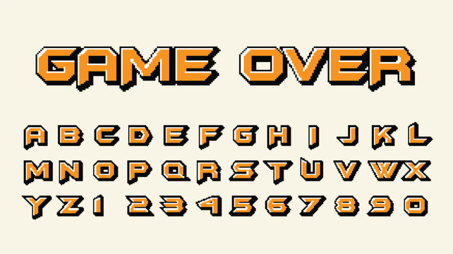 Pixelated orange and black alphabet numbers and game over text pixel art retro, game pixel text effect