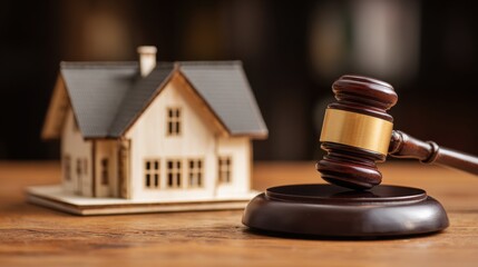 High-quality photo of house Model and Gavel on Wooden Table: Symbolizing Property Sales and Legal Matters in Real Estate.