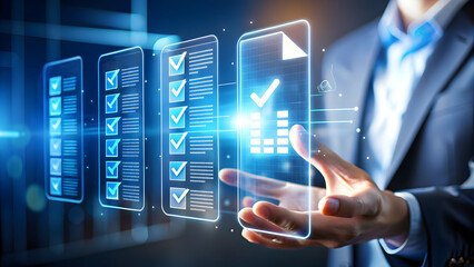Digital checklist interaction with glowing interface technology hand