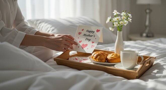 Person holding Mother's Day card with breakfast in bed - Powered by Adobe