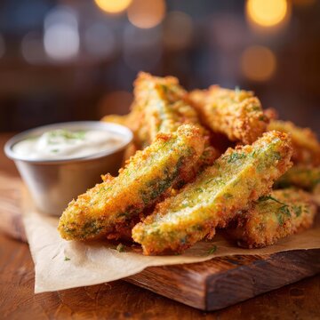 Crispy, tangy dill pickle spears, battered and deep-fried to a golden brown