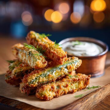 Crispy, tangy dill pickle spears, battered and deep-fried to a golden brown