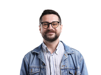 Handsome man smiling on white background. Positive emotion
