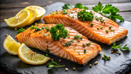 Sierkussen Restaurant Grilled salmon fillets with lemon and parsley fish seafood  © SHAHIN