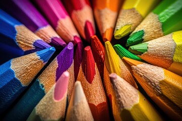 A detailed macro shot of colorful pencils arranged in a circular pattern with their sharpened tips pointing inward. The pencils display a spectrum of colors from red to violet.