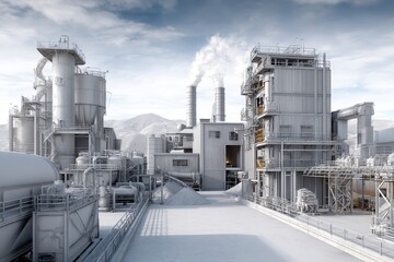 Obraz premium Industrial site specializing in dry cat food production with advanced machinery and processing systems in operation during daylight hours